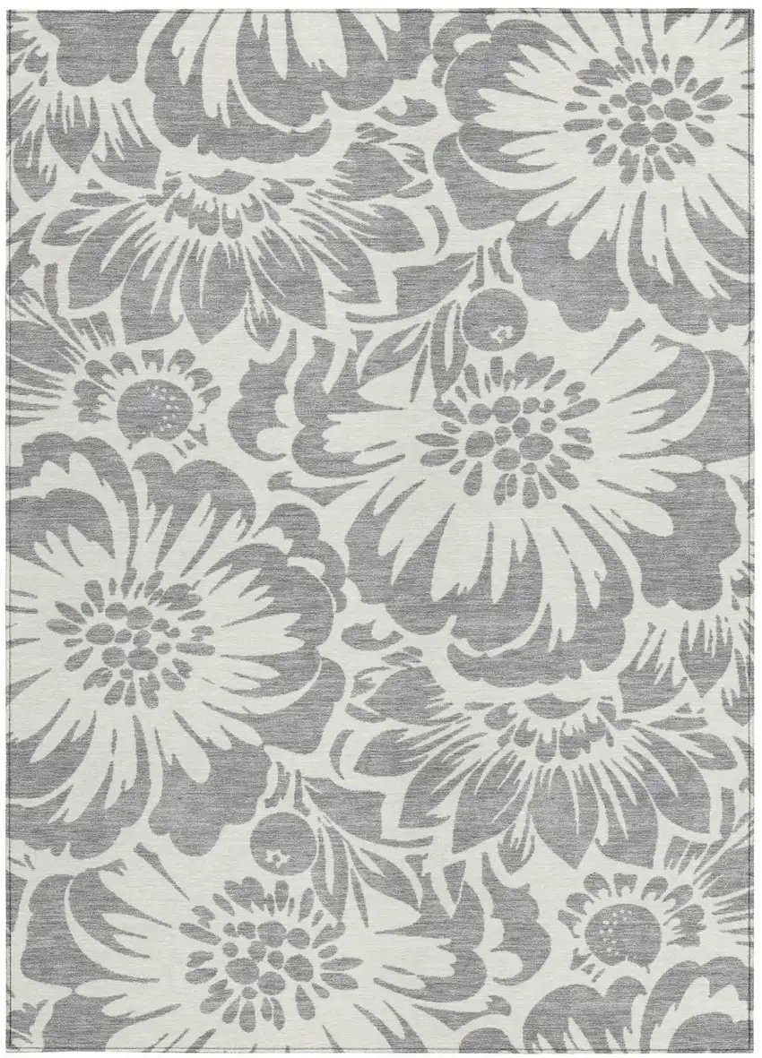Gray and Ivory Floral Washable Non Skid Indoor Outdoor Area Rug Photo 4