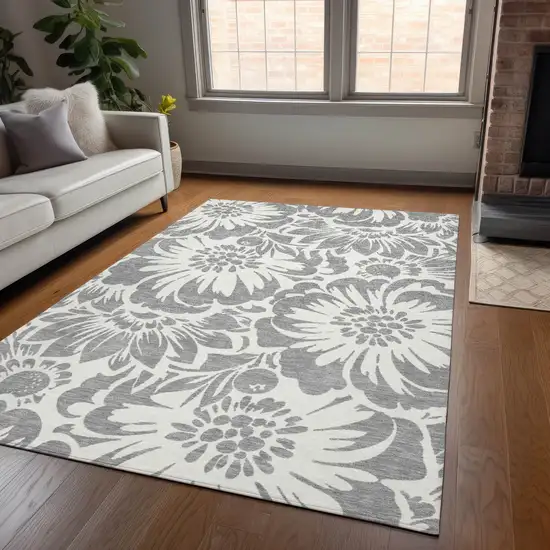 3' X 4' Gray and Ivory Floral Washable Non Skid Indoor Outdoor Area Rug Photo 9