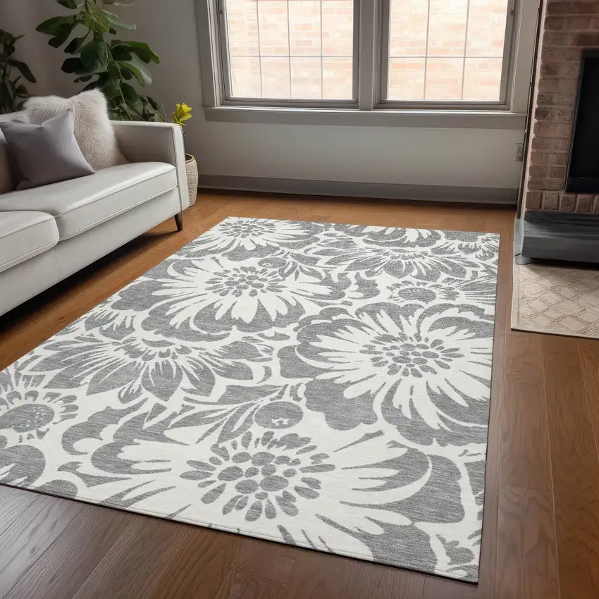 3' X 4' Gray and Ivory Floral Washable Non Skid Indoor Outdoor Area Rug Photo 9