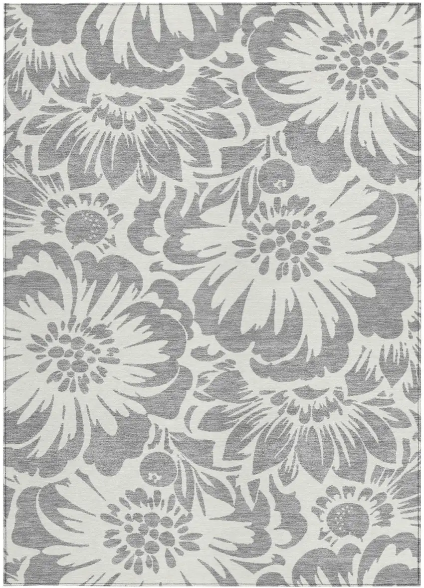 Gray and Ivory Floral Washable Non Skid Indoor Outdoor Area Rug Photo 5