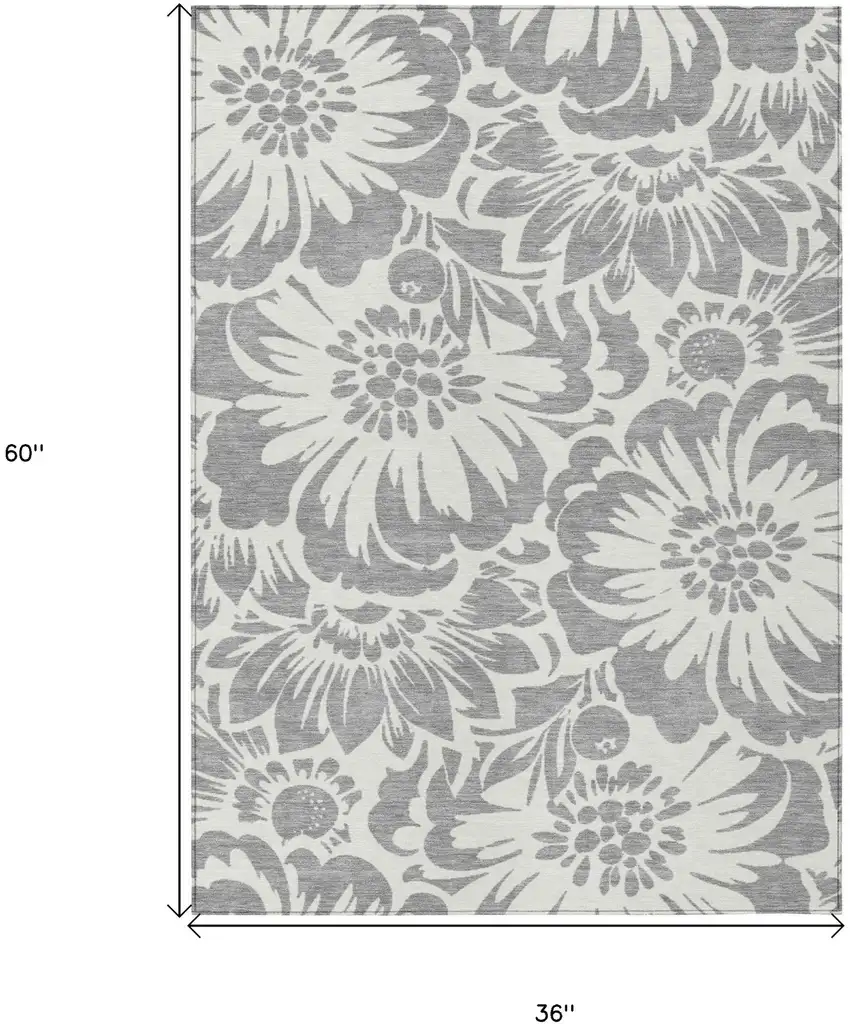 Gray and Ivory Floral Washable Non Skid Indoor Outdoor Area Rug Photo 3
