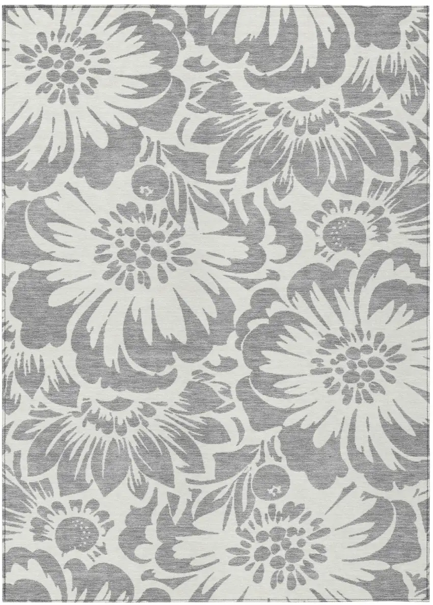Gray and Ivory Floral Washable Non Skid Indoor Outdoor Area Rug Photo 2