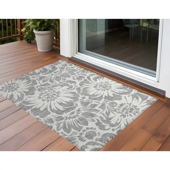 Gray and Ivory Floral Washable Non Skid Indoor Outdoor Area Rug Photo 1