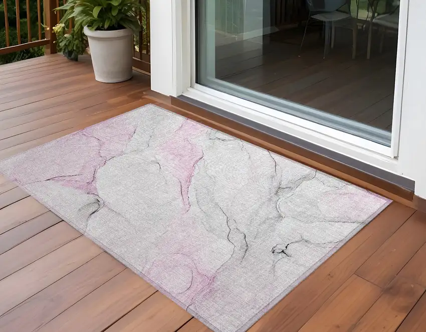 Gray and Pink Abstract Washable Non Skid Indoor Outdoor Area Rug Photo 1