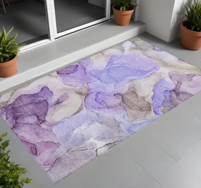 3' X 5' Gray and Purple Abstract Washable Non Skid Indoor Outdoor Area Rug Photo 1
