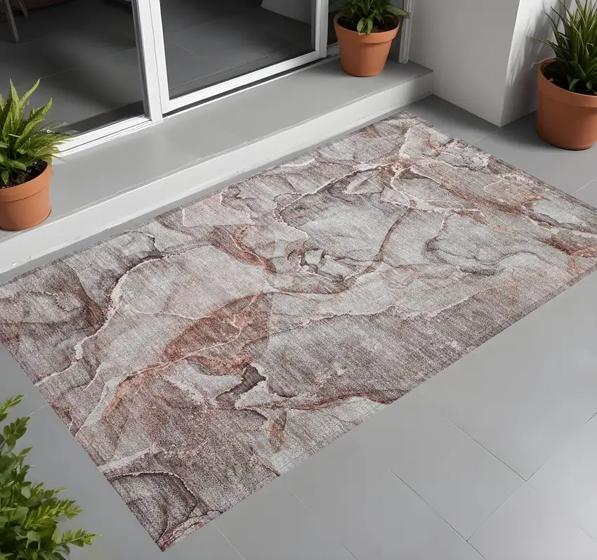 Gray and Red Abstract Washable Non Skid Indoor Outdoor Area Rug Photo 1