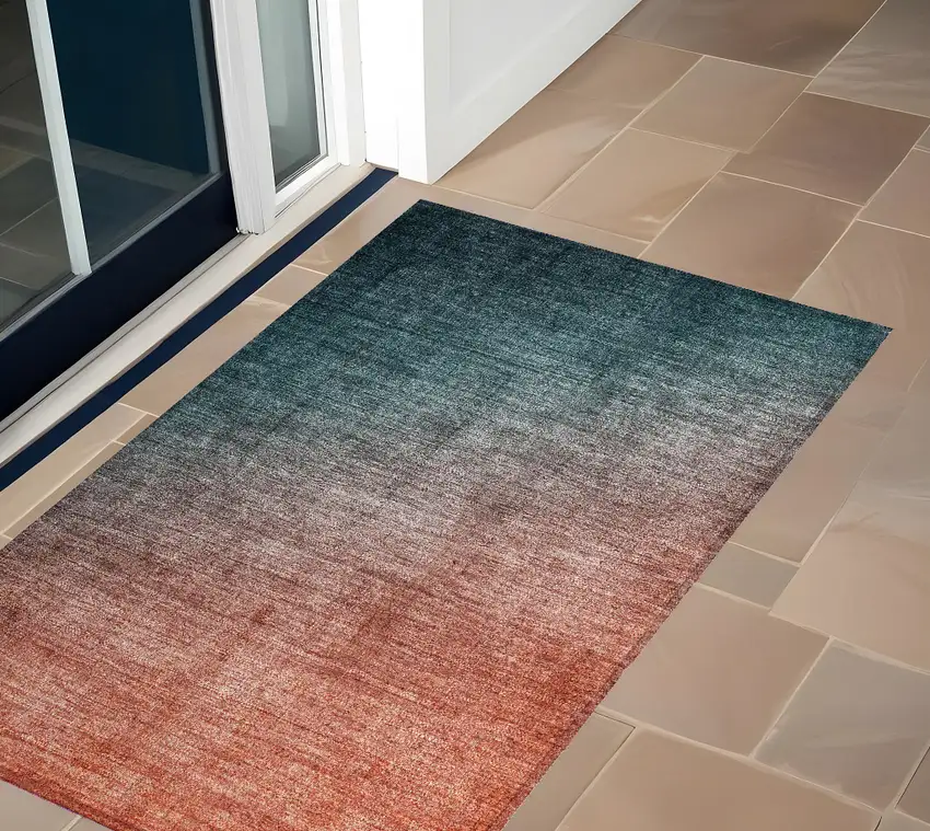 3' X 5' Gray and Red Orange Ombre Washable Non Skid Indoor Outdoor Area Rug Photo 1