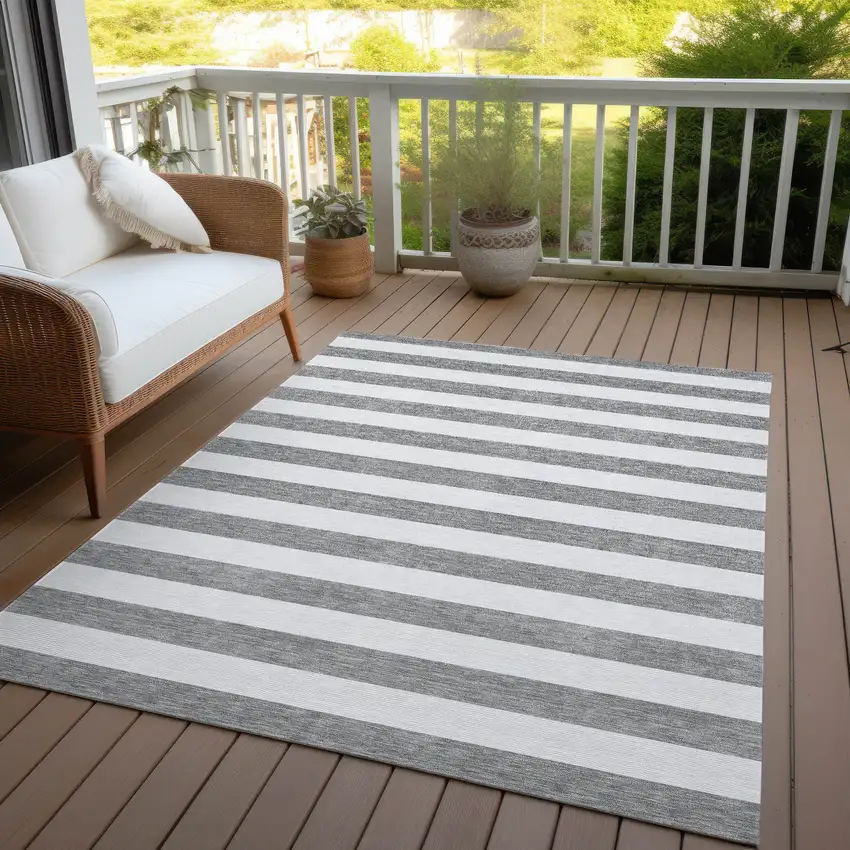 Gray and White Striped Washable Non Skid Indoor Outdoor Area Rug Photo 8