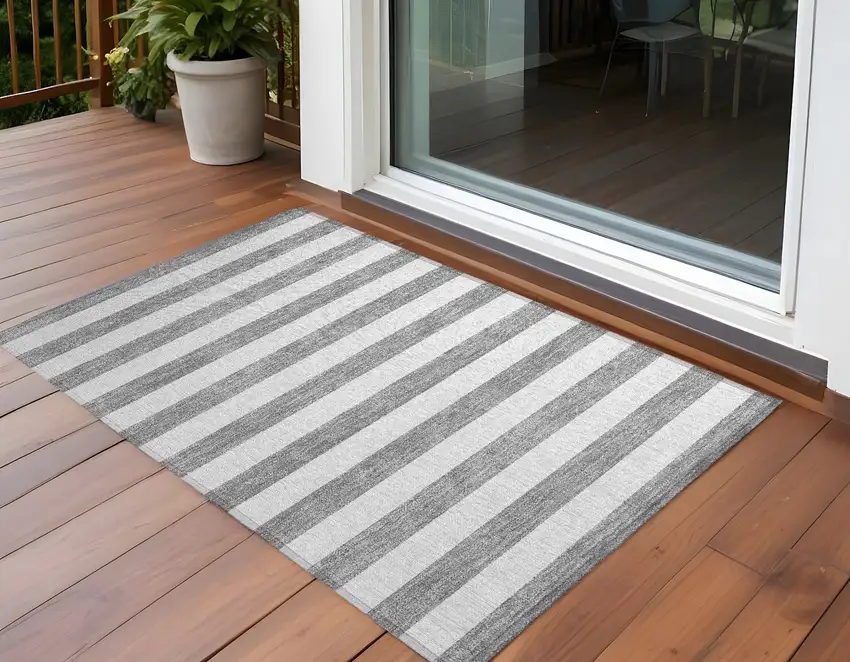 Gray and White Striped Washable Non Skid Indoor Outdoor Area Rug Photo 1