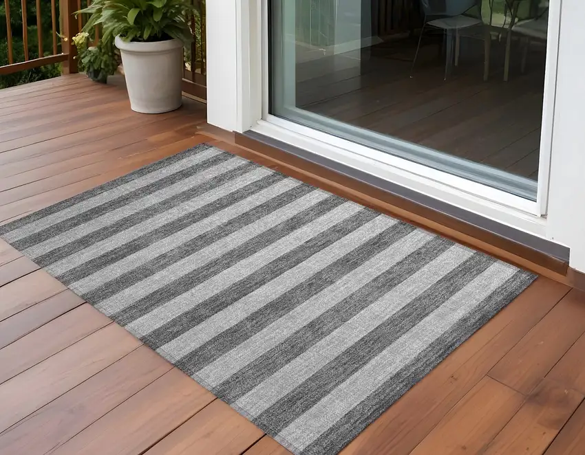 3' X 5' Gray and White Striped Washable Non Skid Indoor Outdoor Area Rug Photo 1