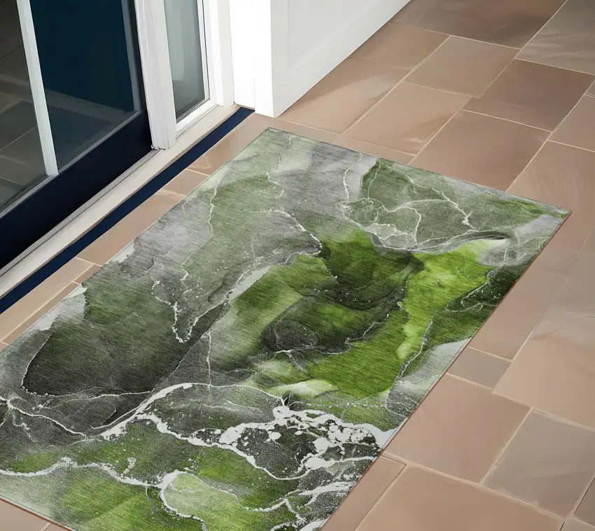 Green Abstract Washable Non Skid Indoor Outdoor Area Rug Photo 1