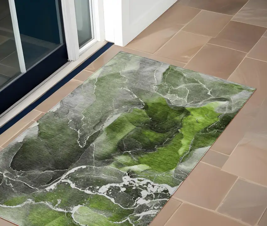 Green Abstract Washable Non Skid Indoor Outdoor Area Rug Photo 1