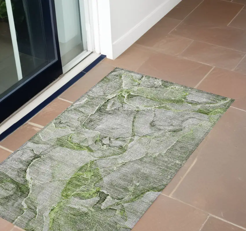 Green Abstract Washable Non Skid Indoor Outdoor Area Rug Photo 1