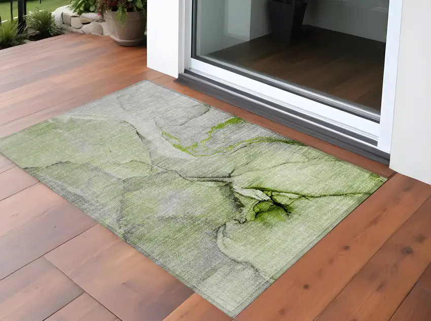 Green Abstract Washable Non Skid Indoor Outdoor Area Rug Photo 1