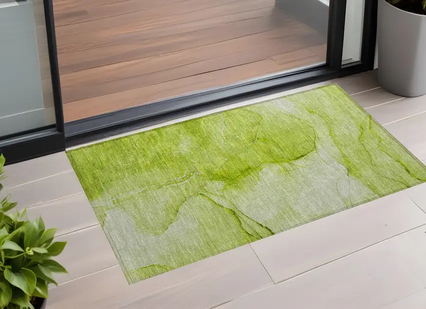 Green Abstract Washable Non Skid Indoor Outdoor Area Rug Photo 1