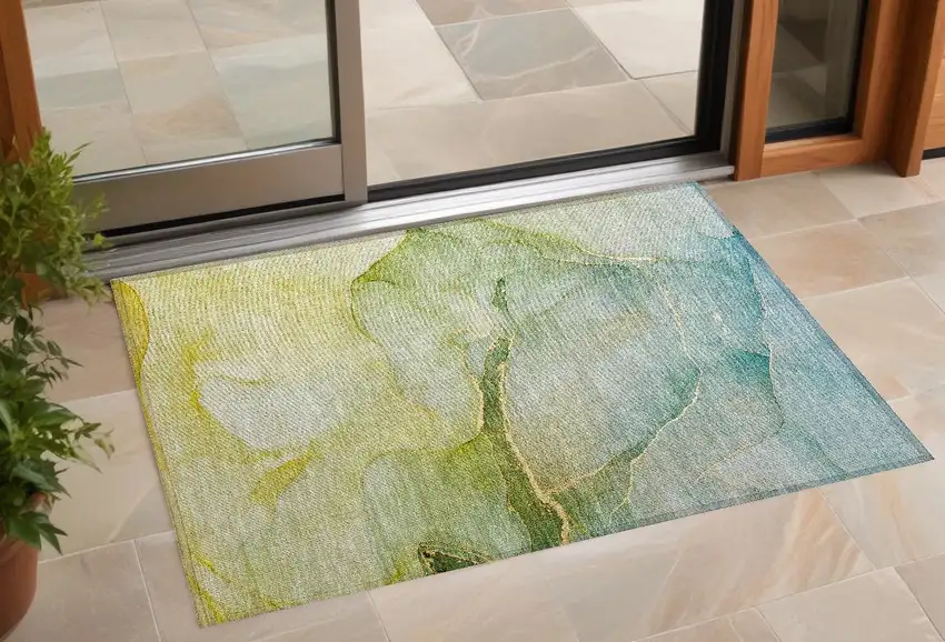 3' X 4' Green Abstract Washable Non Skid Indoor Outdoor Area Rug Photo 1