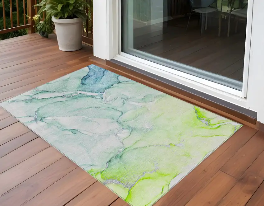 Green Abstract Washable Non Skid Indoor Outdoor Area Rug Photo 1