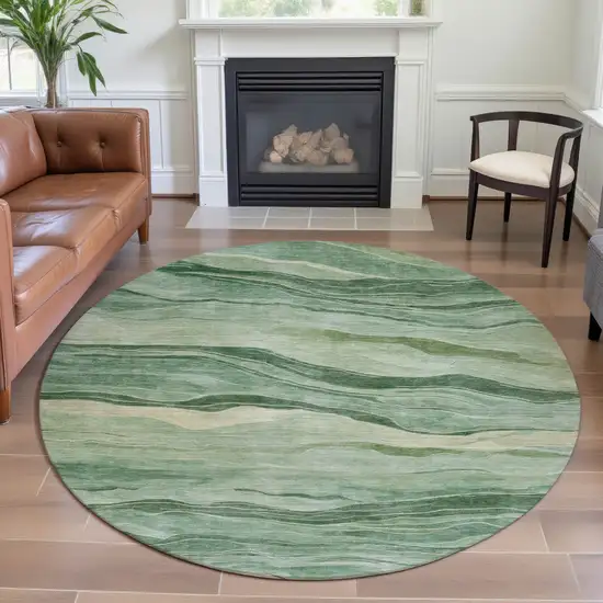 8' X 8' Green And Beige Striped Washable Round Rug With UV Protection Photo 4