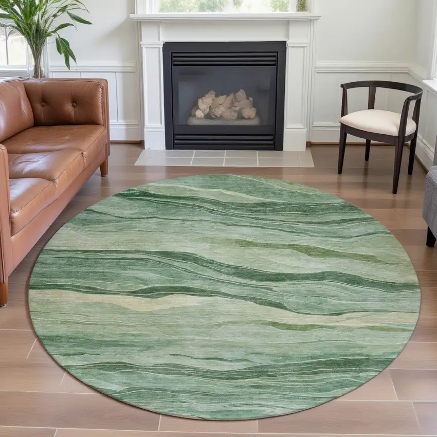 8' X 8' Green And Beige Striped Washable Round Rug With UV Protection Photo 4