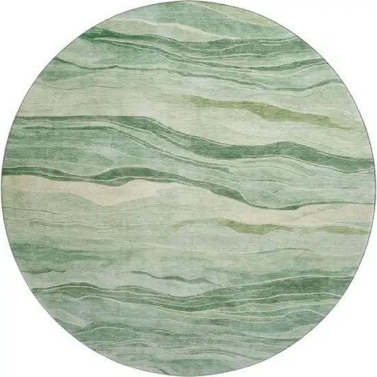 8' X 8' Green And Beige Striped Washable Round Rug With UV Protection Photo 1
