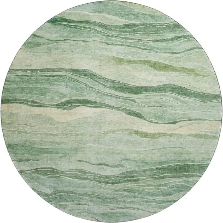 8' X 8' Green And Beige Striped Washable Round Rug With UV Protection Photo 1