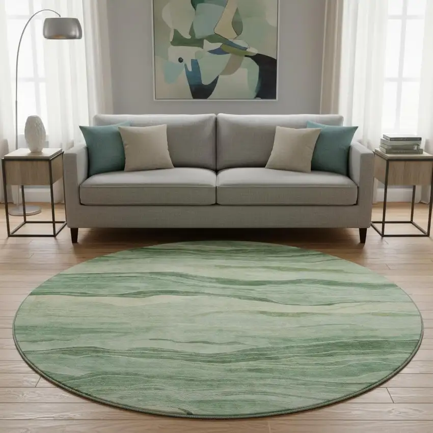 8' X 8' Green And Beige Striped Washable Round Rug With UV Protection Photo 2