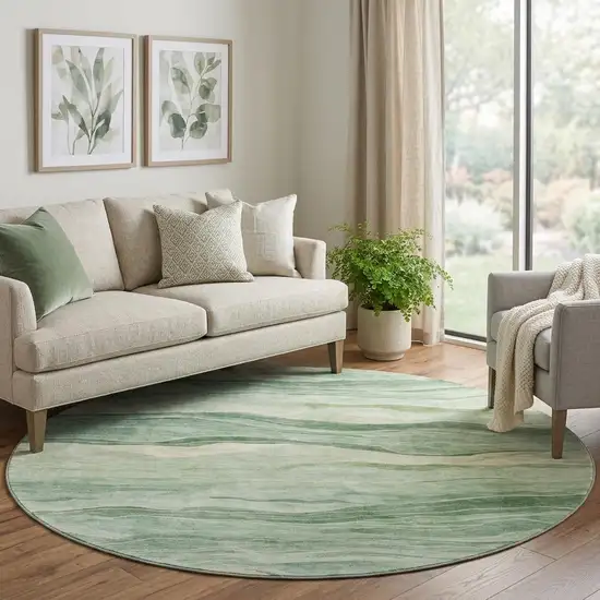 8' X 8' Green And Beige Striped Washable Round Rug With UV Protection Photo 1