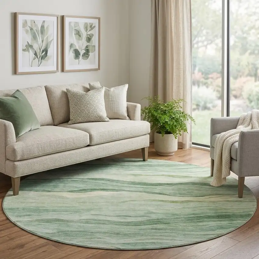 8' X 8' Green And Beige Striped Washable Round Rug With UV Protection Photo 1