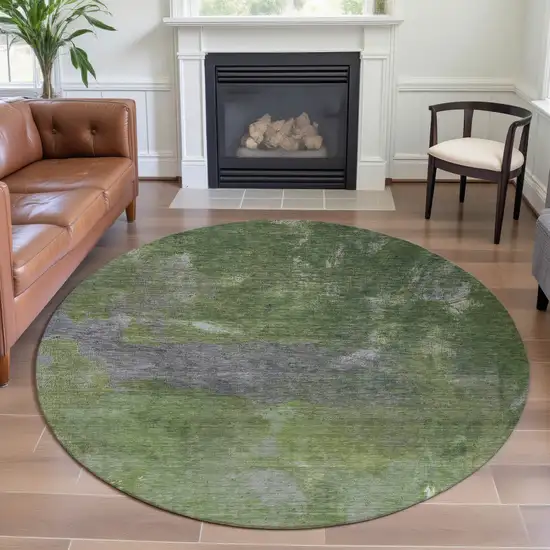 8' X 8' Green And Gray Abstract Washable Round Rug With UV Protection Photo 5