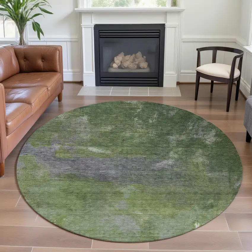 8' X 8' Green And Gray Abstract Washable Round Rug With UV Protection Photo 5