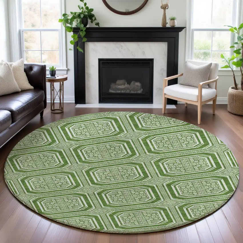 8' X 8' Green And Ivory Geometric Washable Round Rug With UV Protection Photo 4