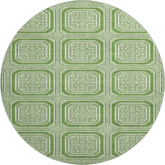 8' X 8' Green And Ivory Geometric Washable Round Rug With UV Protection Photo 1