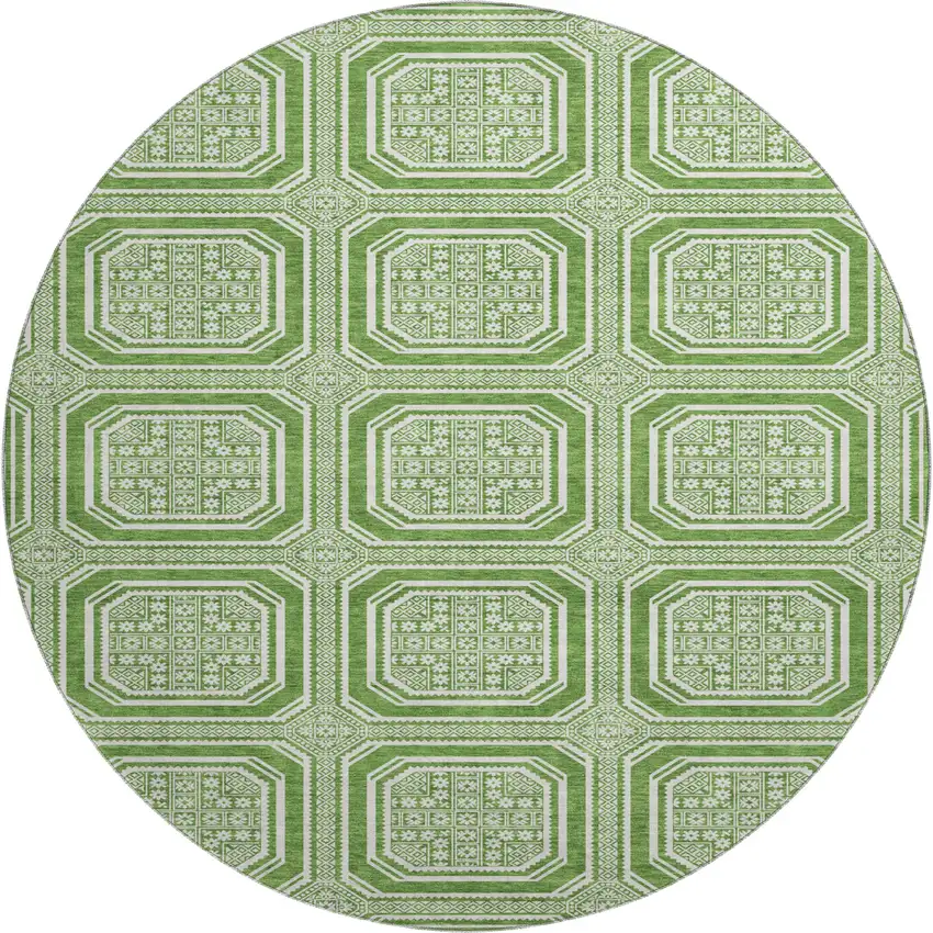 8' X 8' Green And Ivory Geometric Washable Round Rug With UV Protection Photo 1