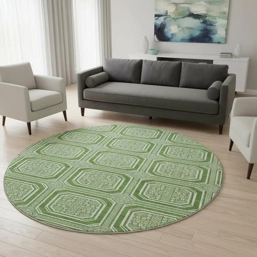 8' X 8' Green And Ivory Geometric Washable Round Rug With UV Protection Photo 2