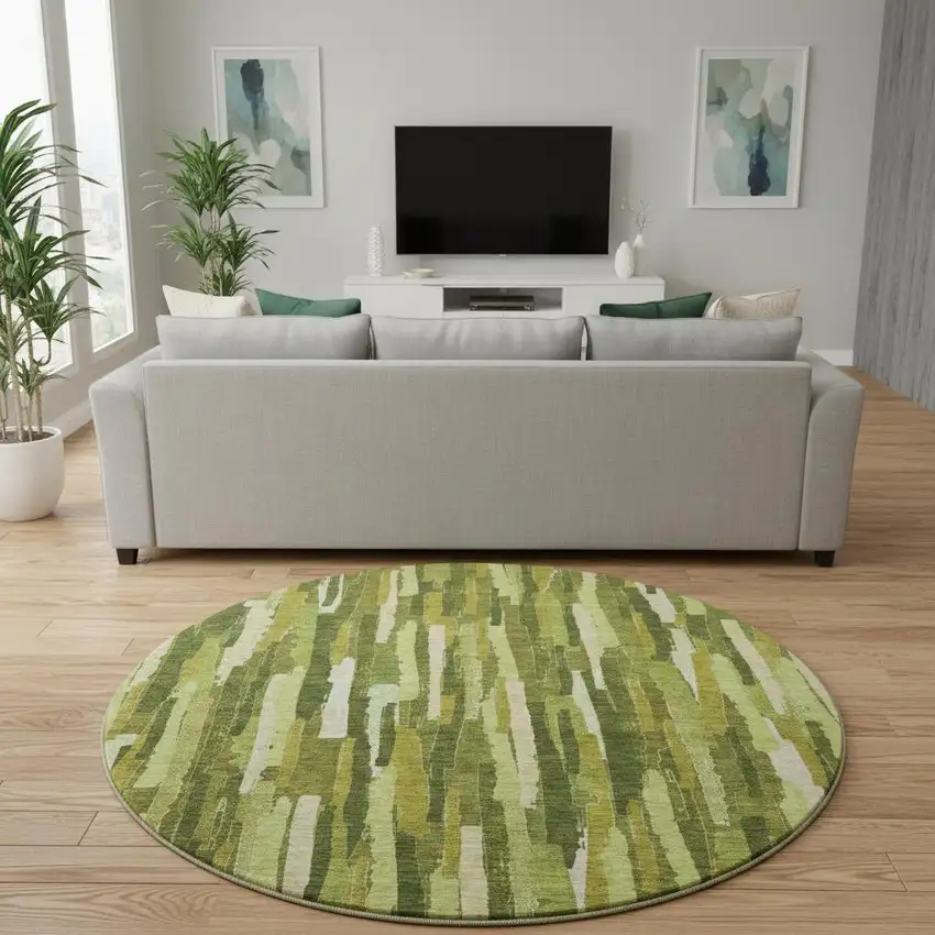 8' X 8' Green And Ivory Striped Washable Round Rug With UV Protection Photo 2