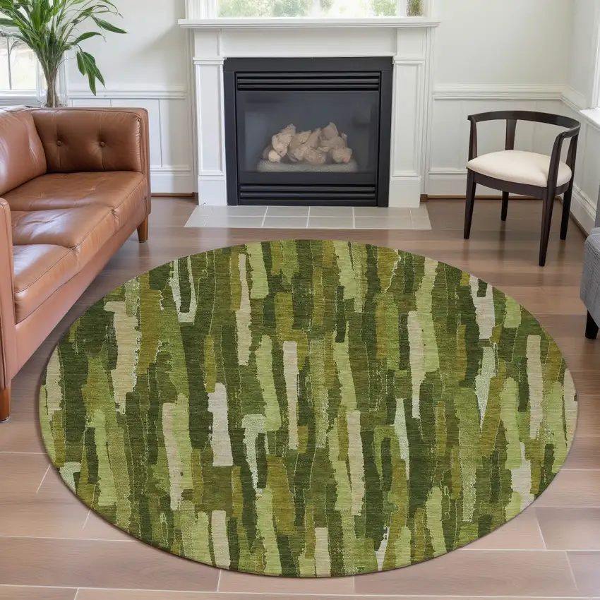 8' X 8' Green And Ivory Striped Washable Round Rug With UV Protection Photo 4