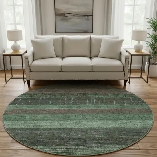 8' X 8' Green And Taupe Striped Washable Round Rug With UV Protection Photo 2