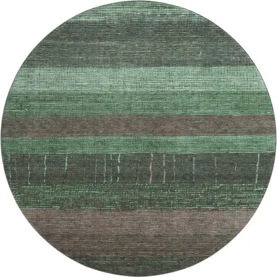 8' X 8' Green And Taupe Striped Washable Round Rug With UV Protection Photo 1