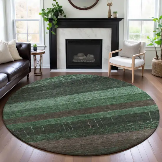 8' X 8' Green And Taupe Striped Washable Round Rug With UV Protection Photo 4