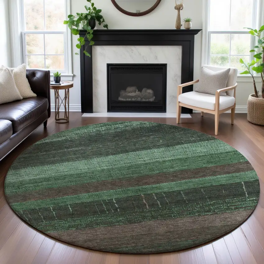8' X 8' Green And Taupe Striped Washable Round Rug With UV Protection Photo 4