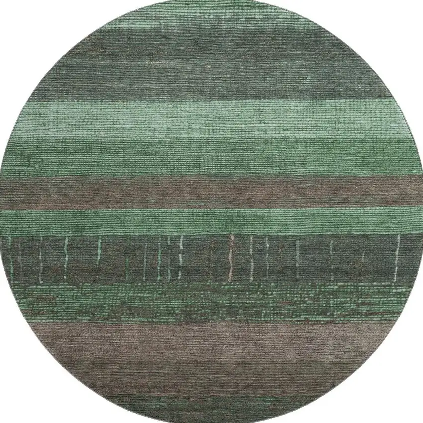 8' X 8' Green And Taupe Striped Washable Round Rug With UV Protection Photo 3