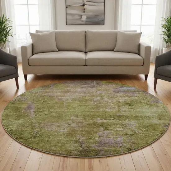 8' X 8' Green Brown And Beige Abstract Washable Round Rug With UV Protection Photo 2