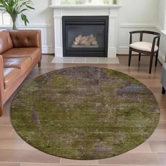 8' X 8' Green Brown And Beige Abstract Washable Round Rug With UV Protection Photo 4