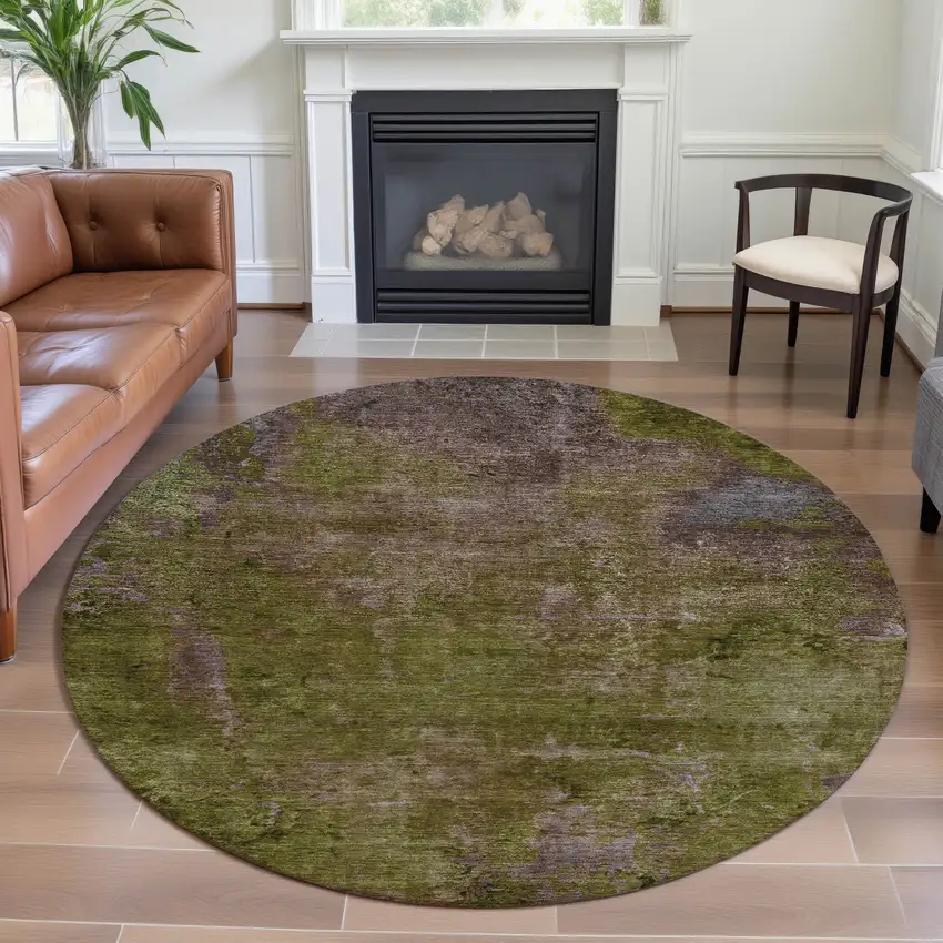 8' X 8' Green Brown And Beige Abstract Washable Round Rug With UV Protection Photo 4