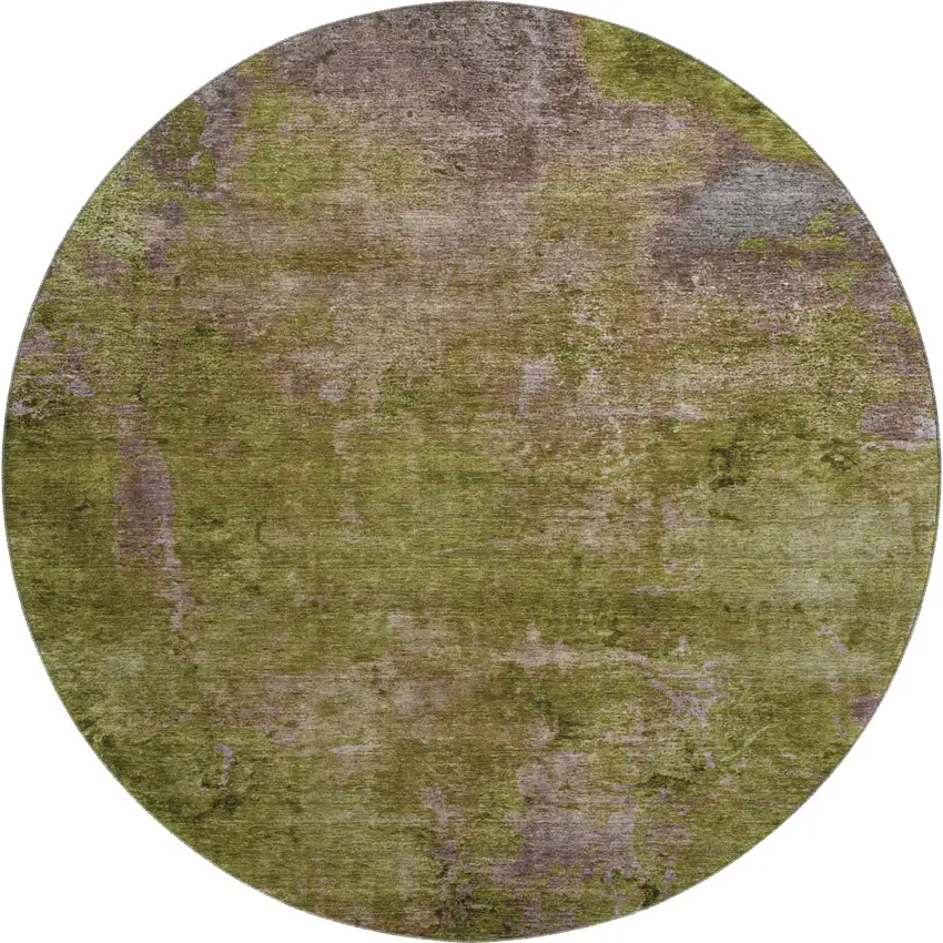 8' X 8' Green Brown And Beige Abstract Washable Round Rug With UV Protection Photo 1
