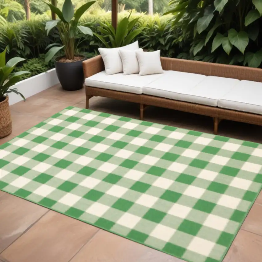 Green and Ivory Geometric Stain Resistant Indoor Outdoor Area Rug Photo 1
