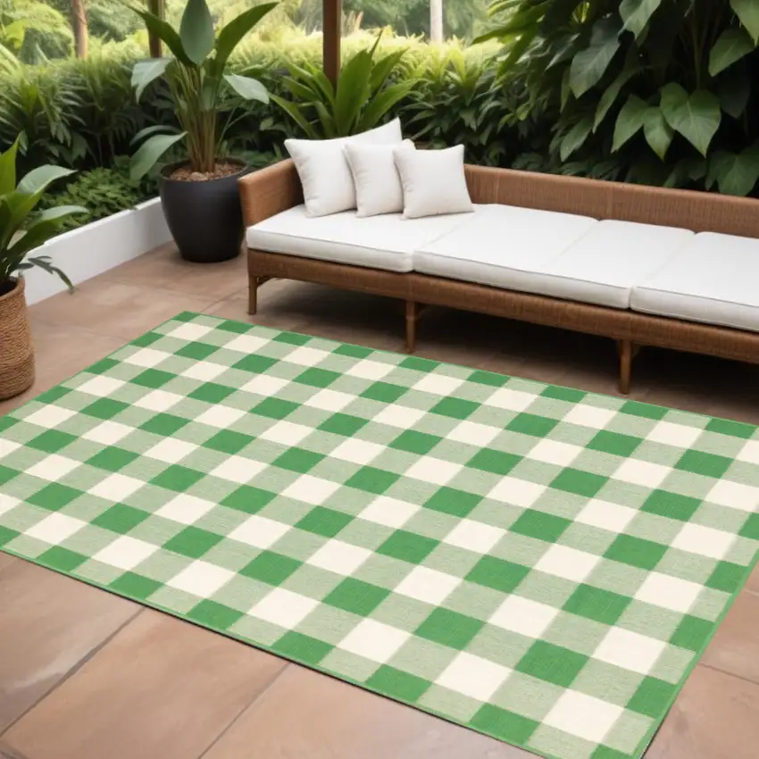 Green and Ivory Geometric Stain Resistant Indoor Outdoor Area Rug Photo 1