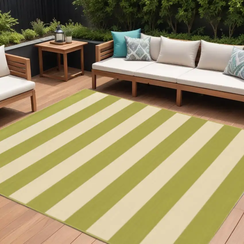 Green and Ivory Geometric Stain Resistant Indoor Outdoor Area Rug Photo 1
