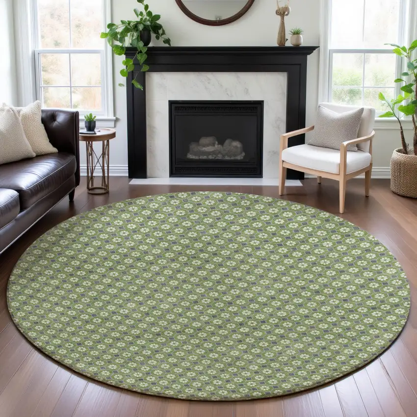 8' X 8' Green Gray And Ivory Geometric Washable Round Rug With UV Protection Photo 4