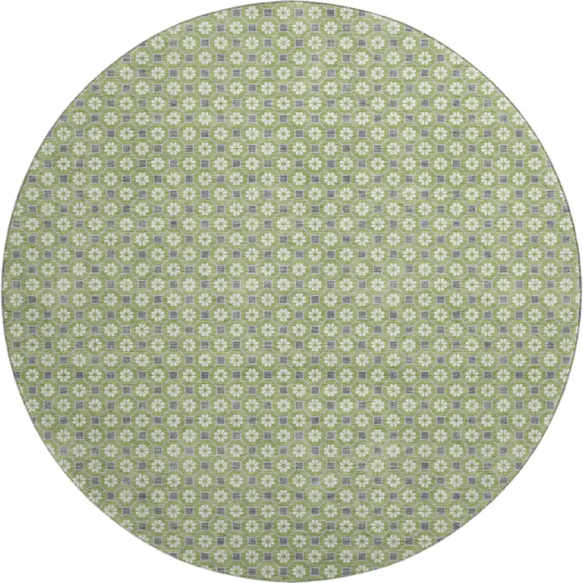 8' X 8' Green Gray And Ivory Geometric Washable Round Rug With UV Protection Photo 1